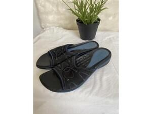 Privo Black Slip-On Comfort Sandals with Blue Stitching Size 8